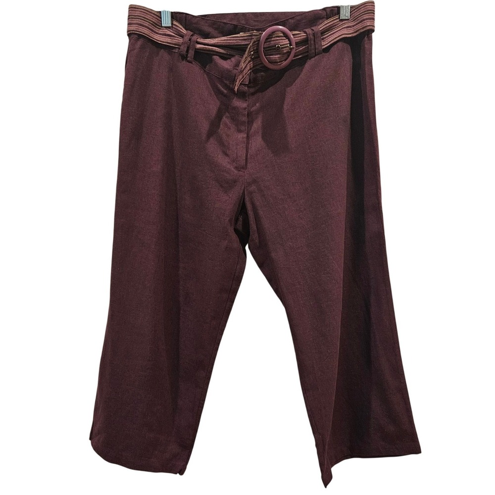 PASSPORTS Women's Burgundy Linen Rayon Cropped Pants Size L Belted Vintage Y2K